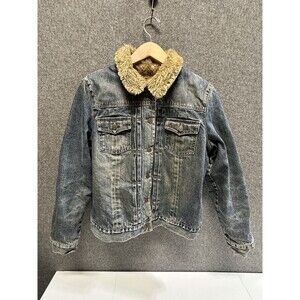 VTG 90s Gap Womens Large Distressed Faux Fur Collar Denim Jean Jacket Streetwear